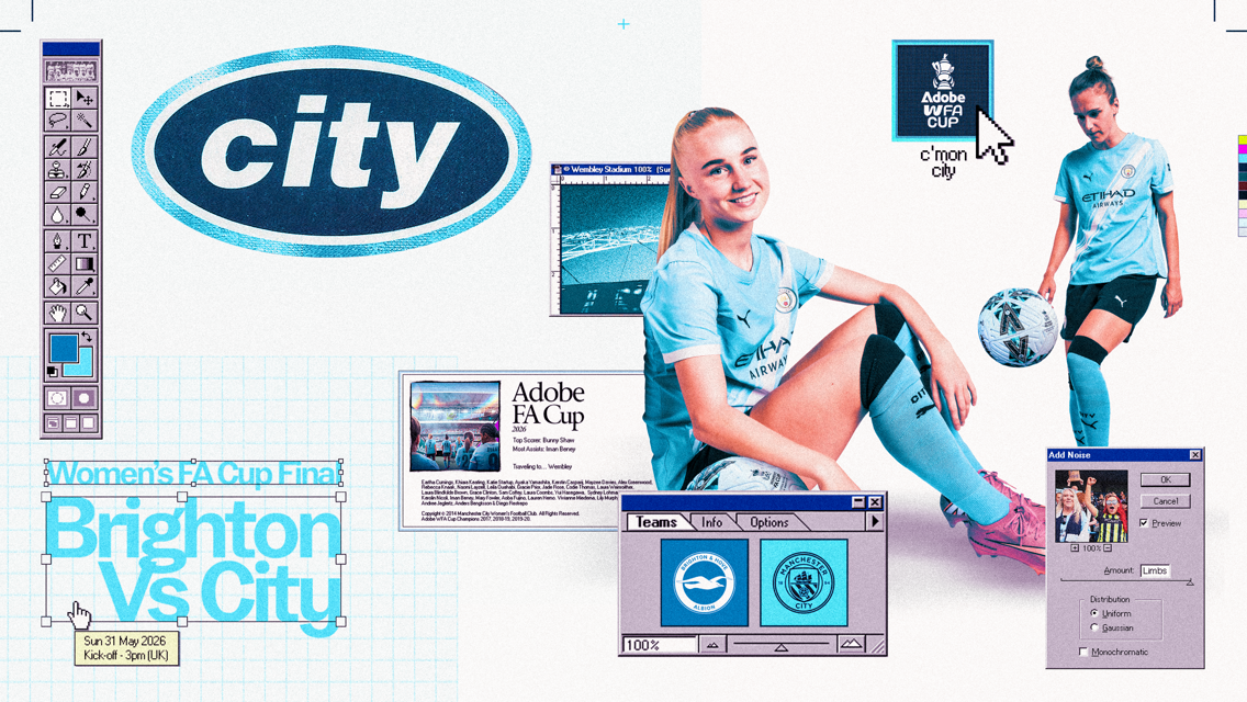 Graphic showing Women's FA Cup Final between Brighton and City on 31 May 2026. Features players in Manchester City kits, retro computer elements, and match details.