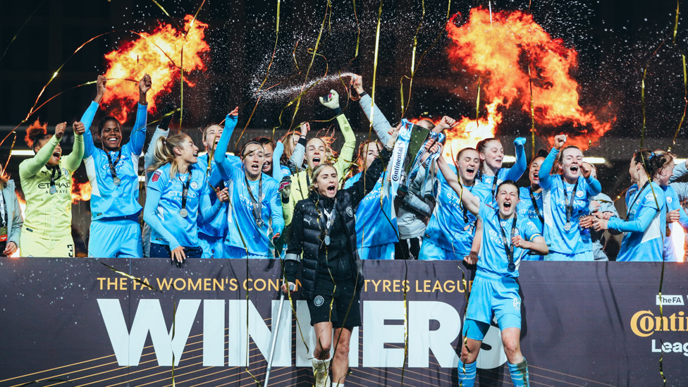 SILVERWARE : City celebrate beating Chelsea 3-1 in the Continental Cup final, 5 March 2022.