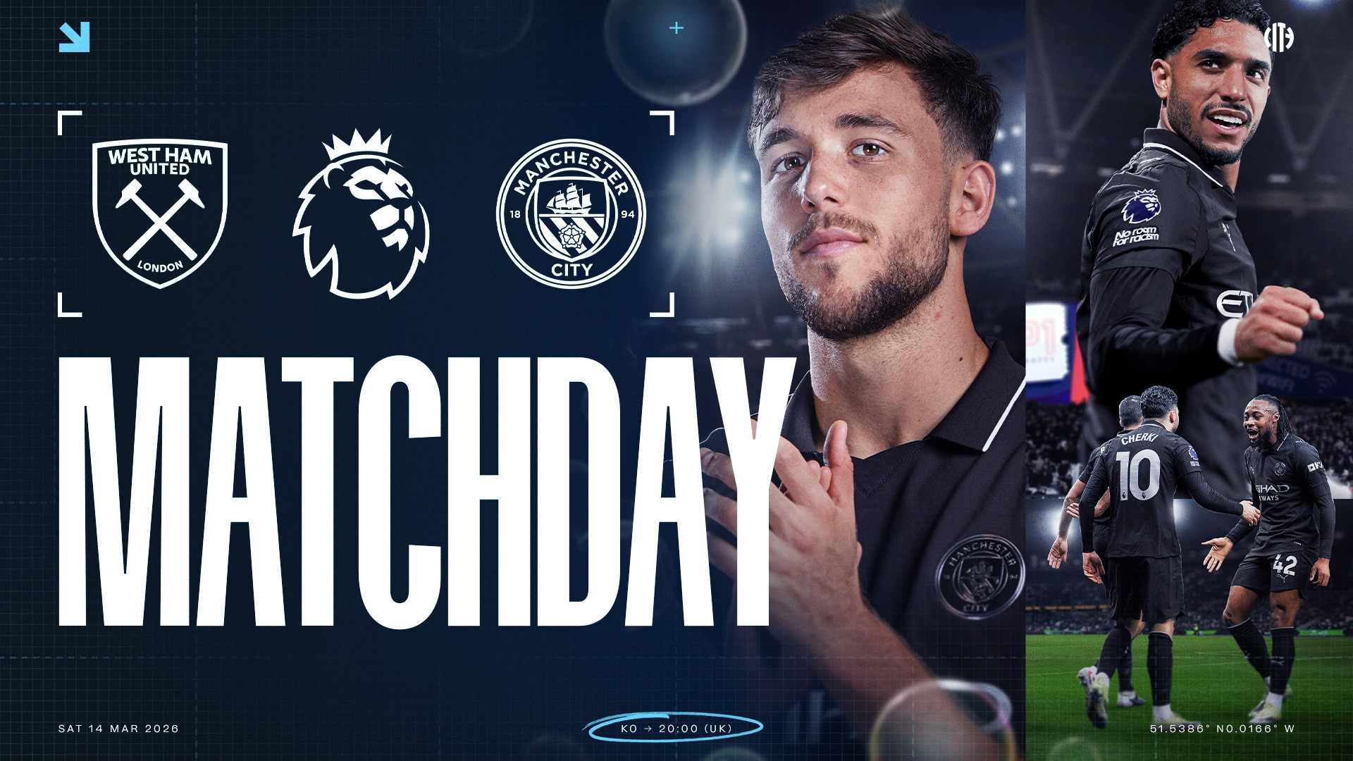 Graphic showcasing a Premier League match between West Ham United and Manchester City on Saturday, 14 March 2026, with kickoff at 20:00 (UK time).