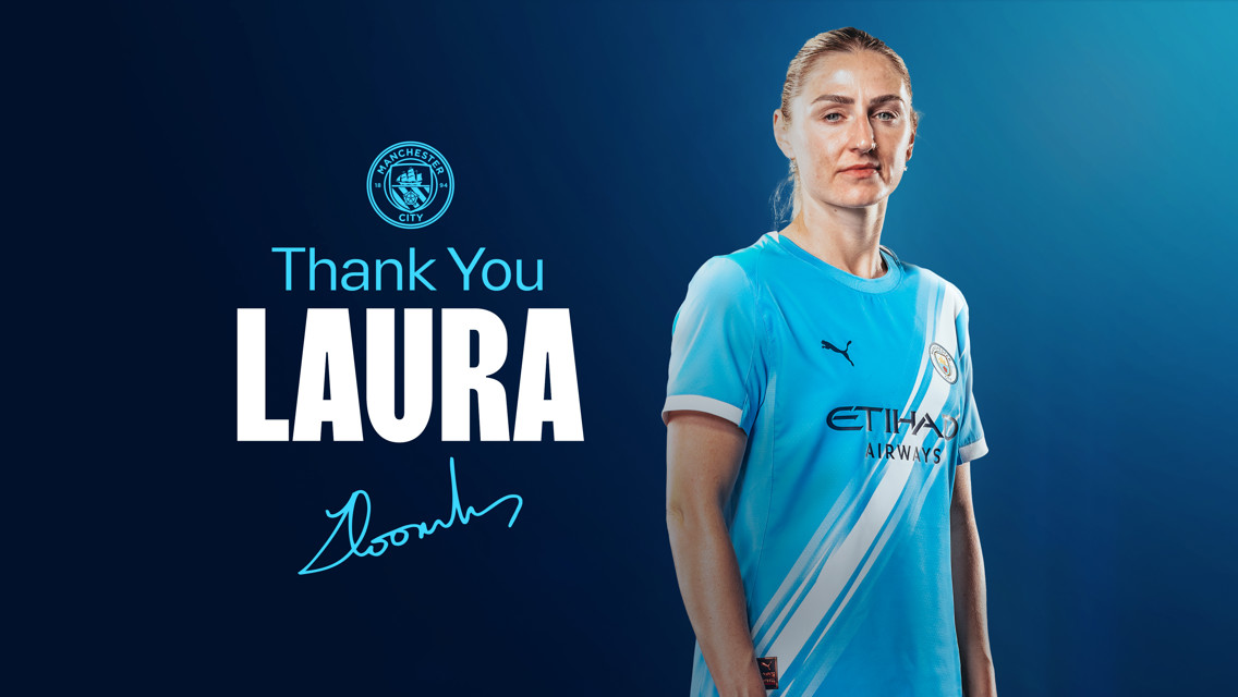 An image with a Manchester City logo, showing a blurred out person in a Manchester City football kit. Text reads 'Thank You LAURA' with a signature underneath. 'Etihad Airways' is visible on the kit.