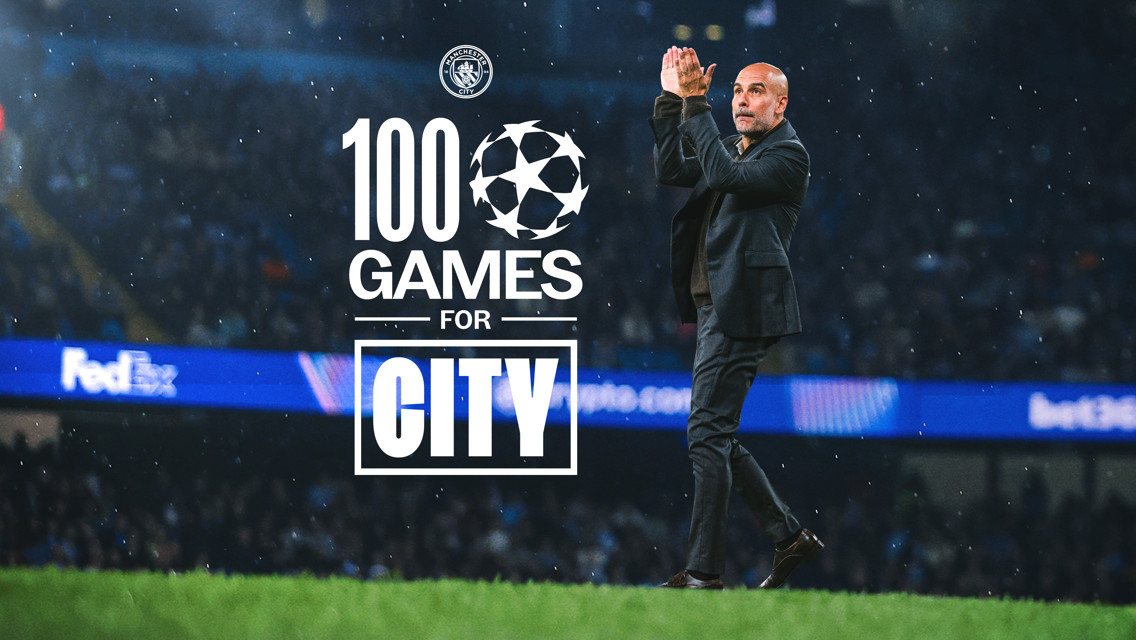 Celebratory image marking 100 games for Manchester City by a figure clapping on the pitch, alongside the Manchester City logo and UEFA Champions League emblem.