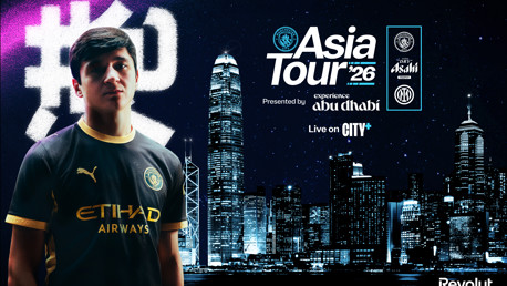 Promotional image for Manchester City's Asia Tour 2026 featuring a player with city skyline and tour details.
