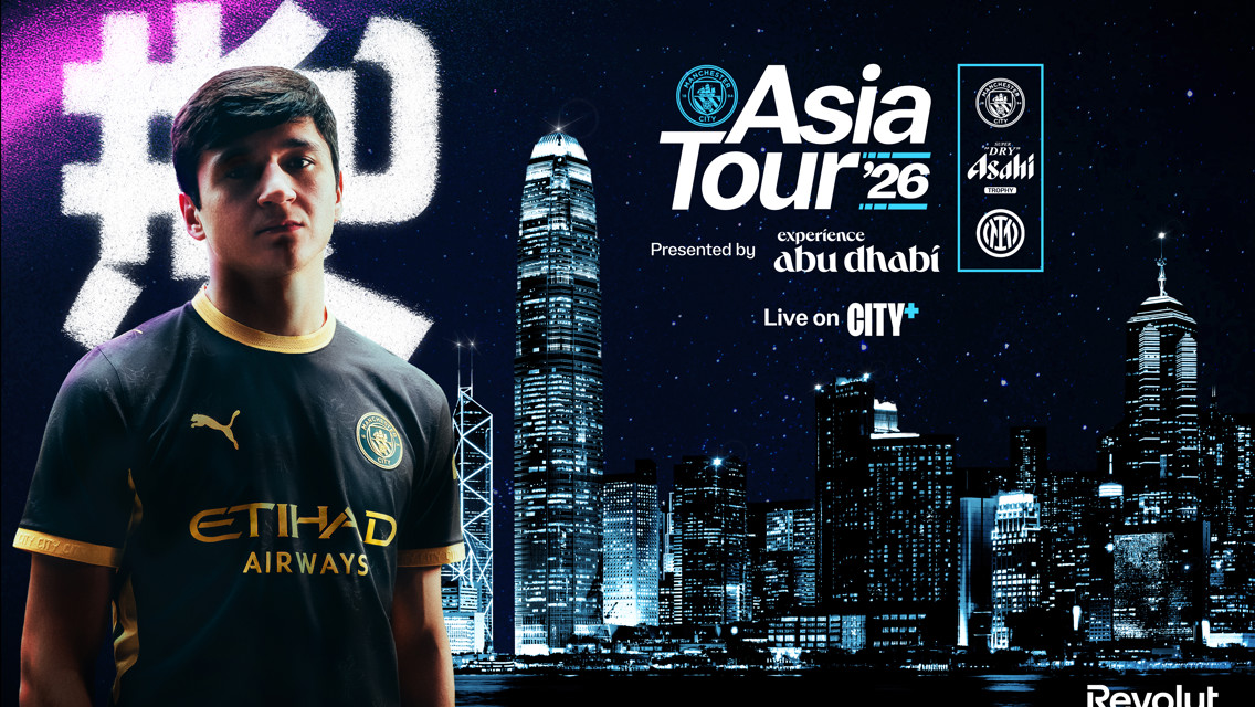 Promotional image for Manchester City's Asia Tour 2026 featuring a player with city skyline and tour details.