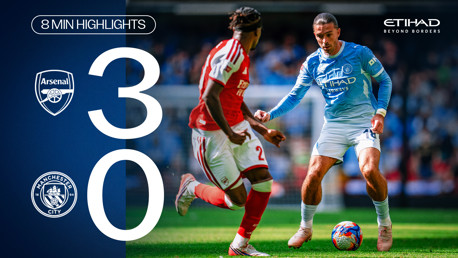 Score display of Arsenal 0-3 Manchester City with team logos, player action, and sponsor branding.
