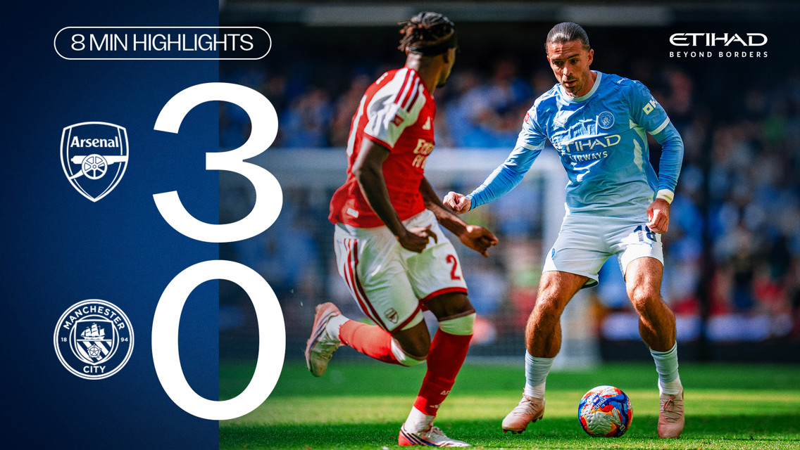 Score display of Arsenal 0-3 Manchester City with team logos, player action, and sponsor branding.