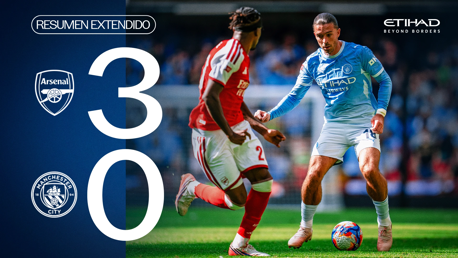 Image depicting Arsenal vs Manchester City match summary with score 3-0, featuring players in action on the field.