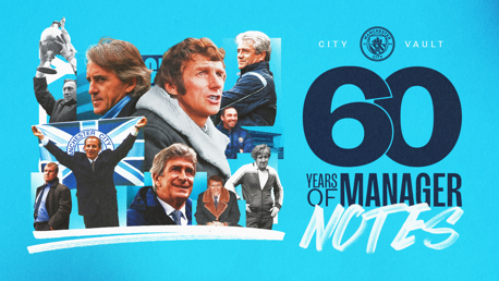 A graphic celebrating 60 years of Manchester City manager notes with various manager images and the Manchester City logo on a blue background.
