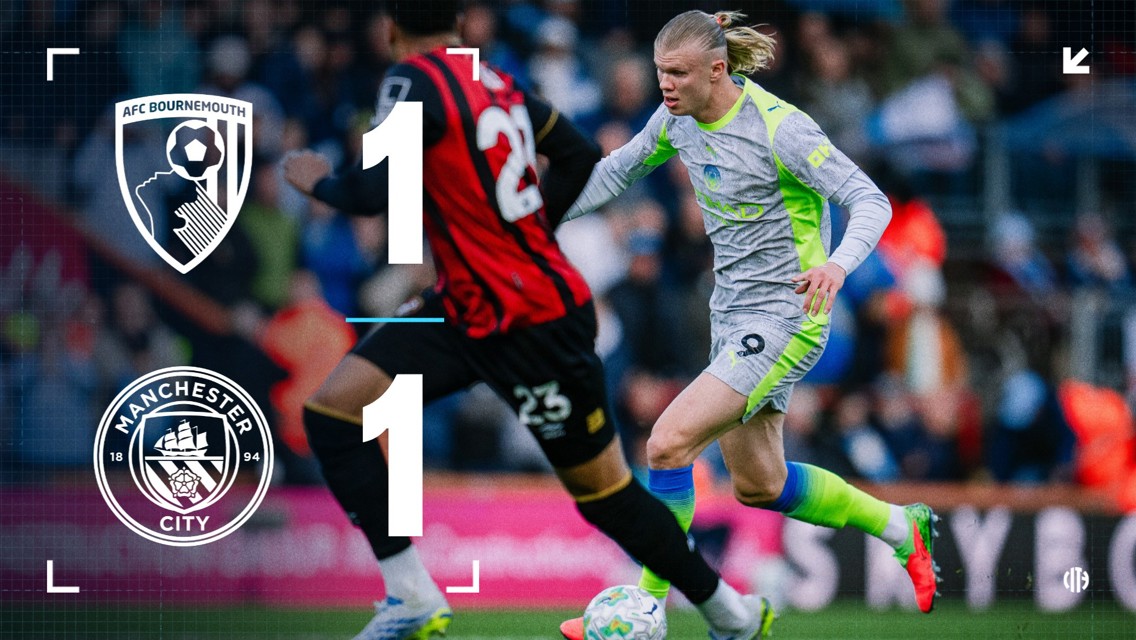 A scoreboard showing AFC Bournemouth 1-1 Manchester City result with a blurred action scene of players and club logos.