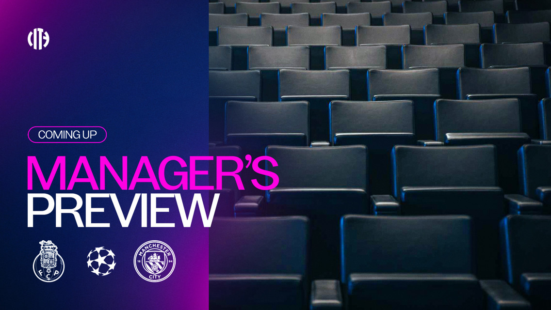 Graphic for a manager's preview featuring FC Porto and Manchester City logos, with a Champions League logo and empty stadium seats.