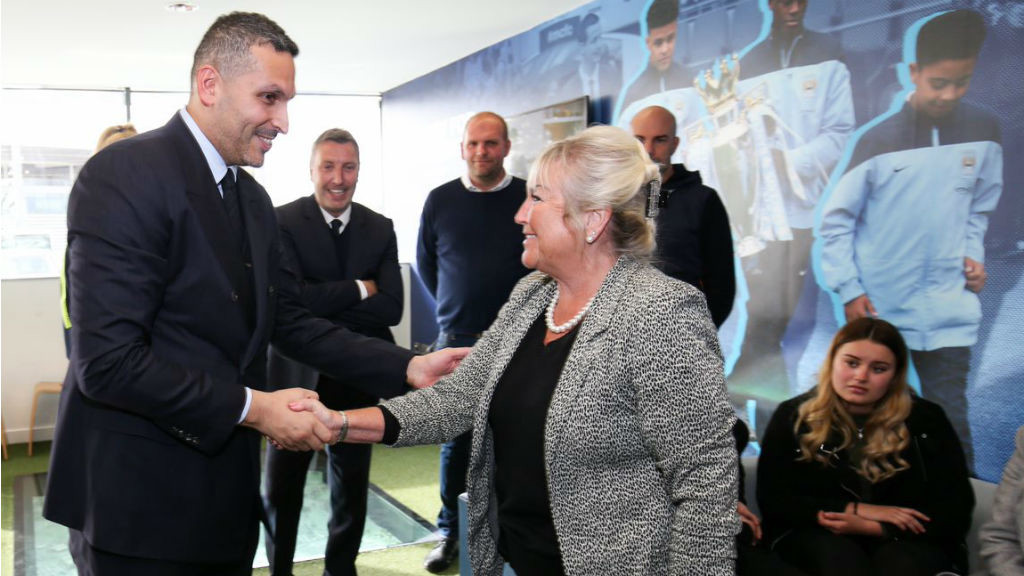 SPECIAL TRIBUTE : Club chairman Khaldoon Al Mubarak meets Bernard's wife Karen at the official opening of the Bernard Halford Auditorium