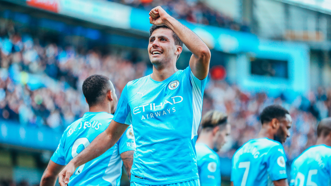 SMILE: Rodri struggles to hide his happiness after his goal.