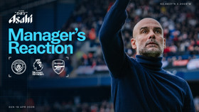 Graphic featuring the text 'Manager's Reaction' alongside logos of Manchester City, Arsenal, and the Premier League. Includes match date and geographic coordinates.