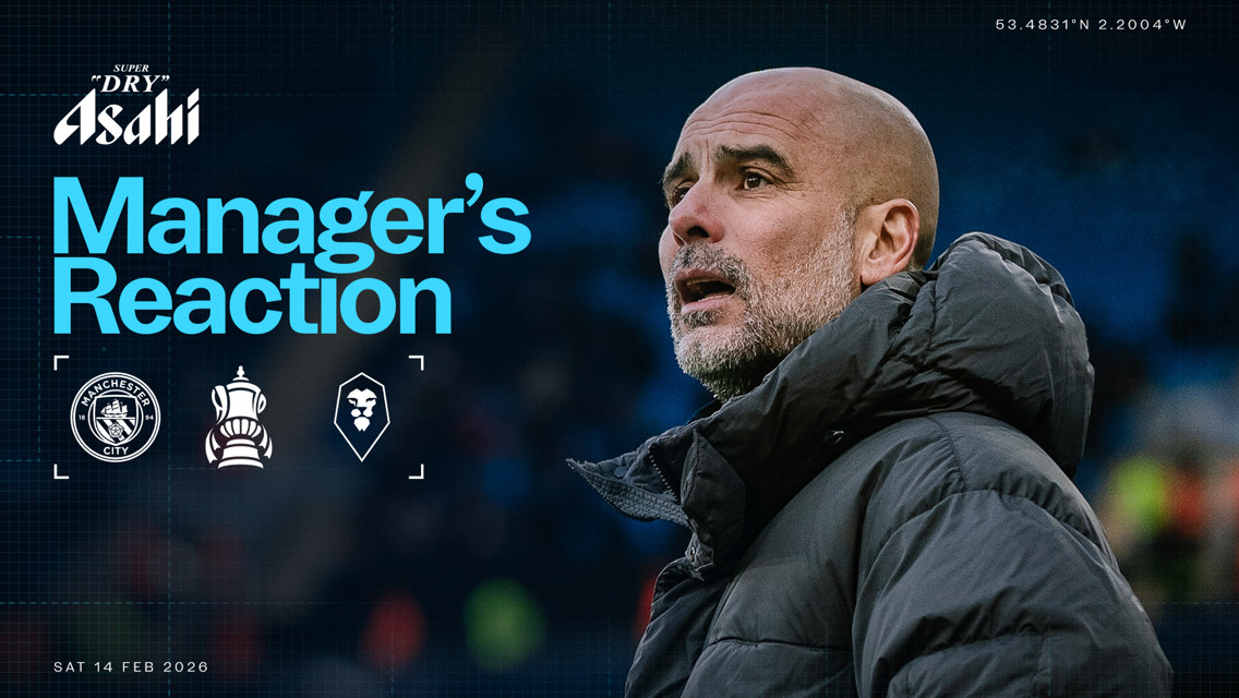 Graphic depicting 'Manager's Reaction' featuring club logos of Manchester City, FA Cup, and another club. Date shown as Saturday, 14 February 2026. Sponsored by Asahi Super Dry.
