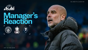 Graphic depicting 'Manager's Reaction' featuring club logos of Manchester City, FA Cup, and another club. Date shown as Saturday, 14 February 2026. Sponsored by Asahi Super Dry.