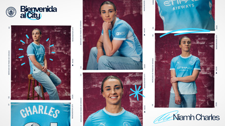 A collage of a woman in Manchester City jerseys with 'Bienvenida al City' and 'Niamh Charles' text.