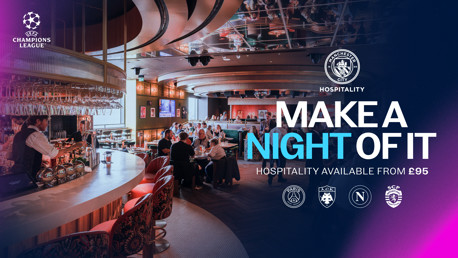 Manchester City UEFA Champions League hospitality promotion with a bar and restaurant scene, prices start from £95.