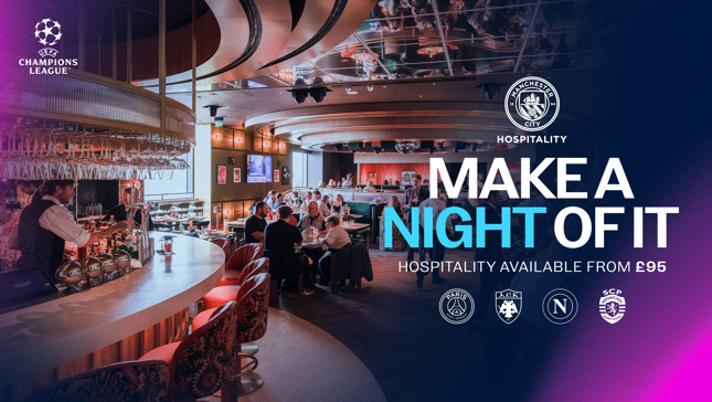 Manchester City UEFA Champions League hospitality promotion with a bar and restaurant scene, prices start from £95.