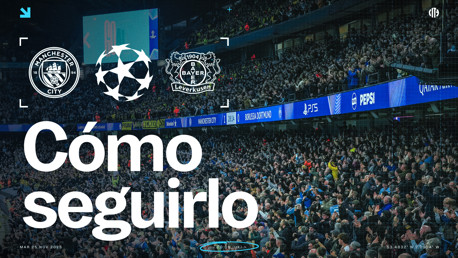 The image promotes a Manchester City vs Bayer Leverkusen UEFA Champions League match scheduled for November 25, 2025. It shows the excited crowd at Etihad Stadium with logos of both clubs and the UEFA Champions League.