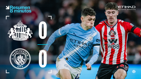 Image showing a score summary of Sunderland AFC vs Manchester City, ending 0-0. Two players in action from Manchester City and Sunderland. Etihad Airways logo visible.