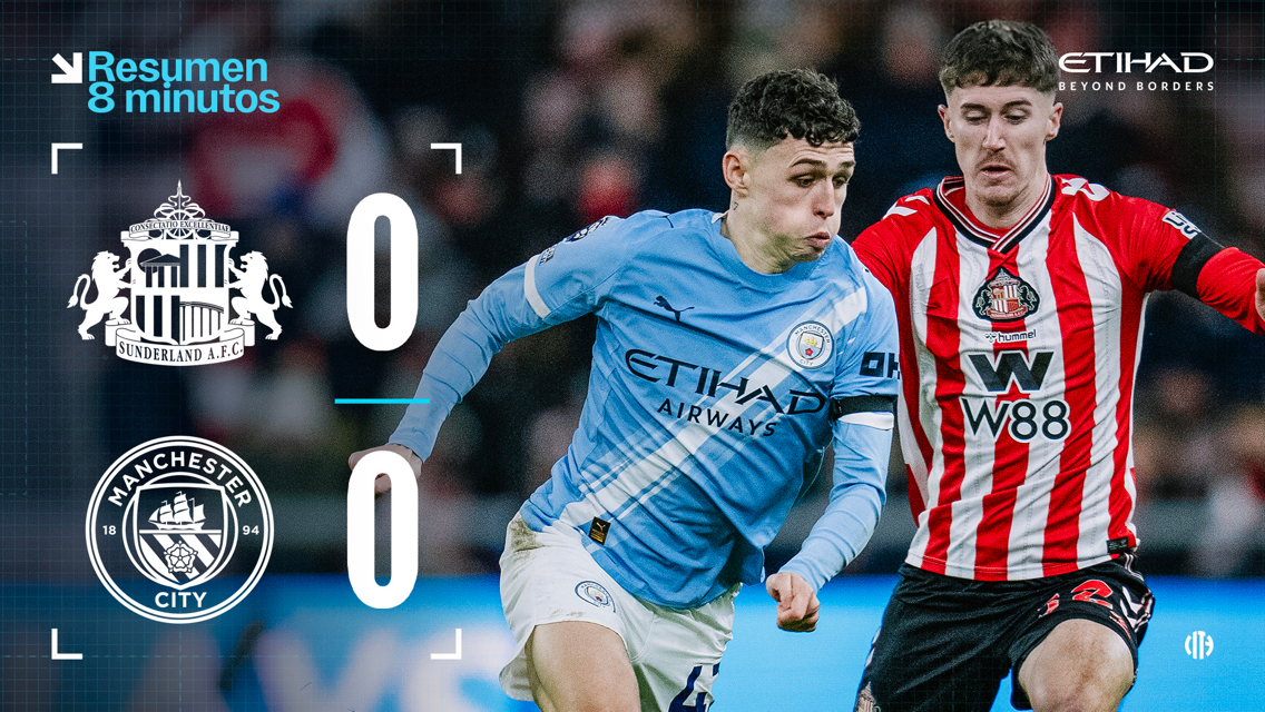 Image showing a score summary of Sunderland AFC vs Manchester City, ending 0-0. Two players in action from Manchester City and Sunderland. Etihad Airways logo visible.