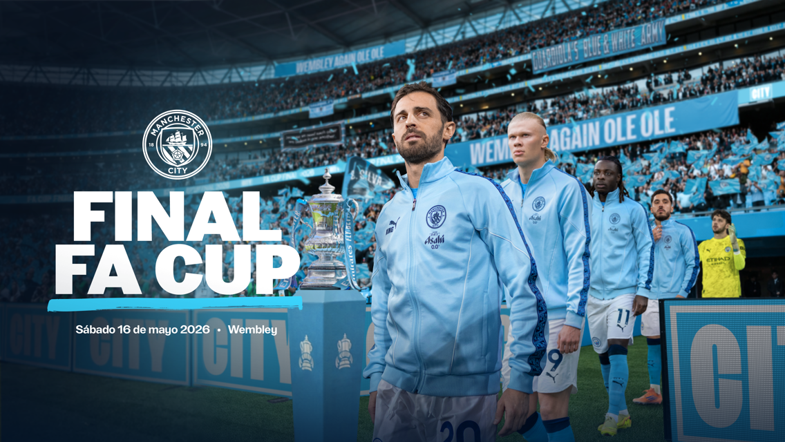 Manchester City FA Cup Final announcement at Wembley Stadium on Saturday, May 16, 2026, with blurred players in light blue tracksuits on the field.