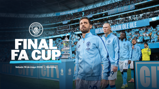 Manchester City FA Cup Final announcement at Wembley Stadium on Saturday, May 16, 2026, with blurred players in light blue tracksuits on the field.