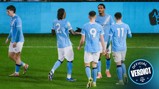 Manchester City players celebrating on the field wearing light blue jerseys with player numbers visible.