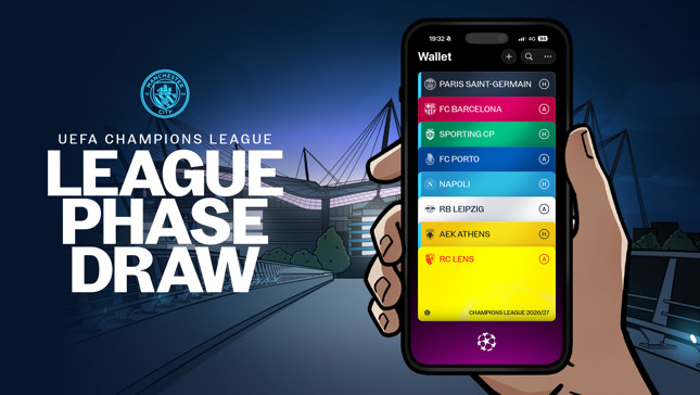 Illustration of Manchester City in UEFA Champions League league phase draw. Teams listed on a phone include Paris Saint-Germain, FC Barcelona, Sporting CP, FC Porto, Napoli, RB Leipzig, AEK Athens, RC Lens. Background shows a stadium.
