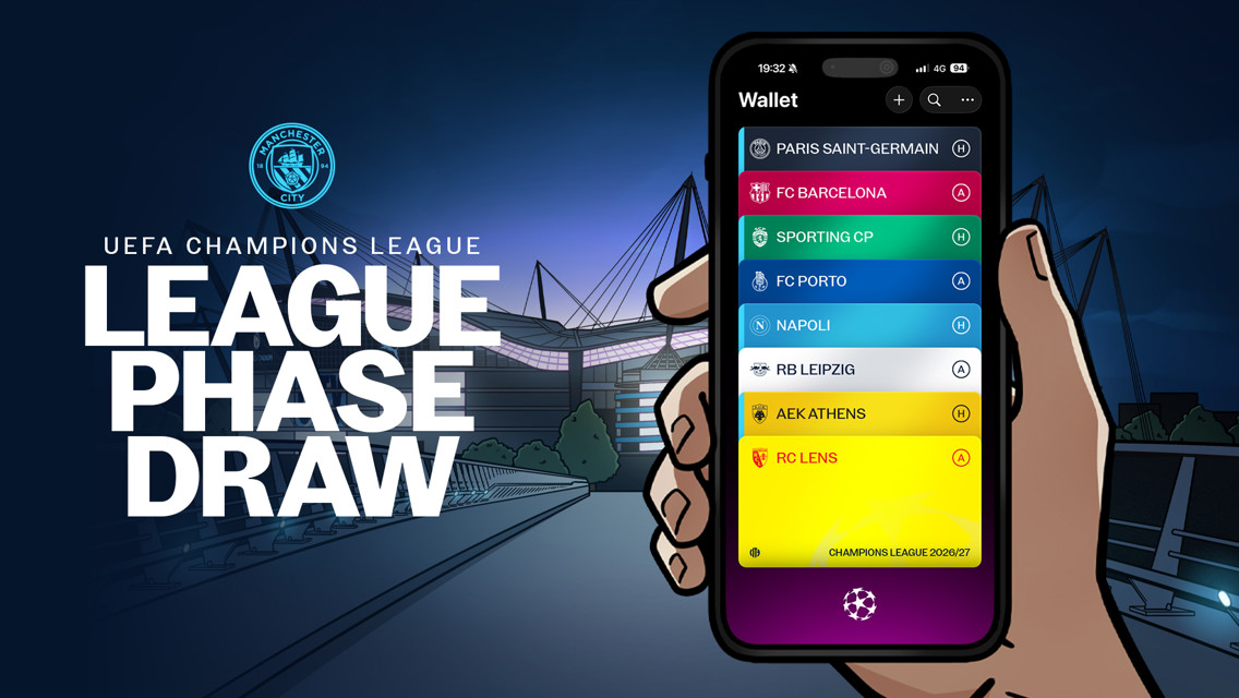 Illustration of Manchester City in UEFA Champions League league phase draw. Teams listed on a phone include Paris Saint-Germain, FC Barcelona, Sporting CP, FC Porto, Napoli, RB Leipzig, AEK Athens, RC Lens. Background shows a stadium.