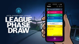 Illustration of Manchester City in UEFA Champions League league phase draw. Teams listed on a phone include Paris Saint-Germain, FC Barcelona, Sporting CP, FC Porto, Napoli, RB Leipzig, AEK Athens, RC Lens. Background shows a stadium.