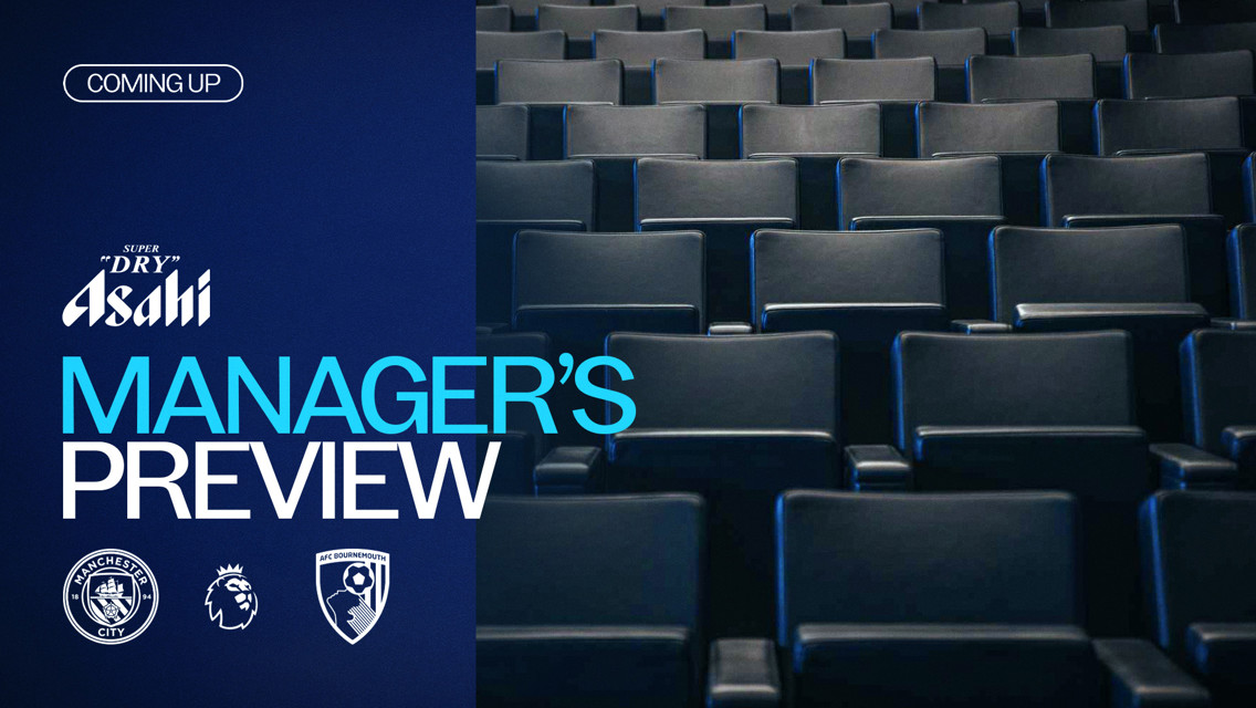Event header for the upcoming manager's preview with Manchester City and AFC Bournemouth logos, sponsored by Asahi, against a backdrop of empty theater seats.