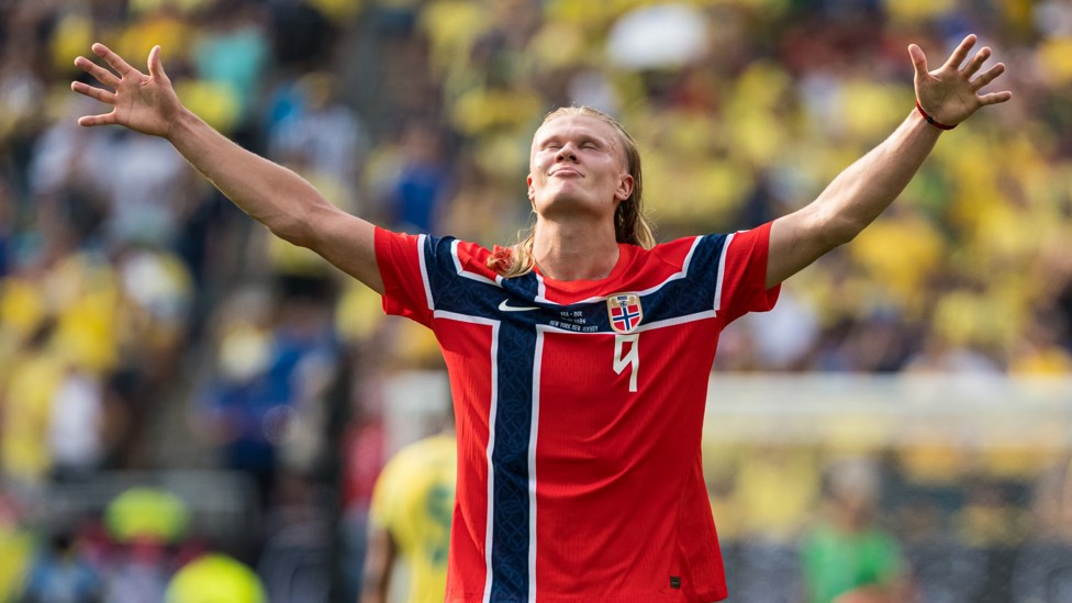  : Erling Haaland celebrates the second of his goals against Brazil