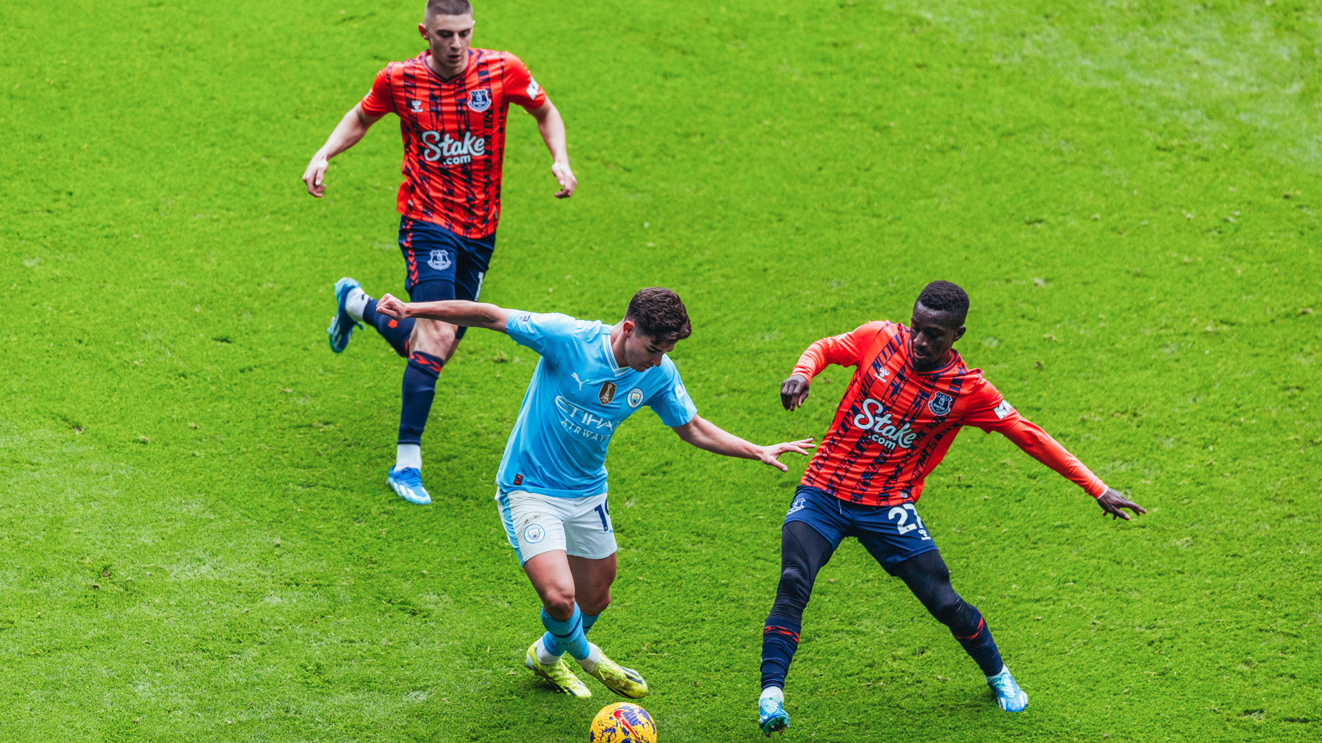 MOTION PICTURE: Julian Alvarez plots a route past the Everton defence.