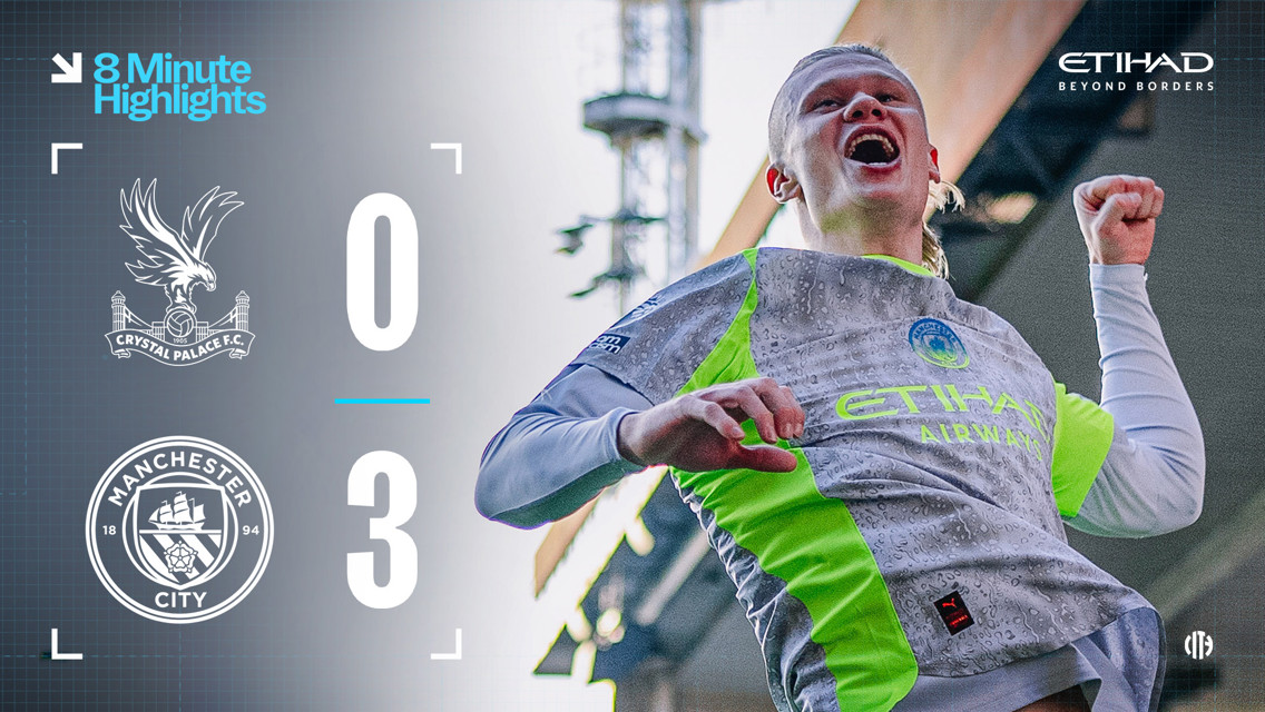 Manchester City defeated Crystal Palace with a score of 3-0, as depicted in a match result graphic showcasing team logos and a player celebrating.