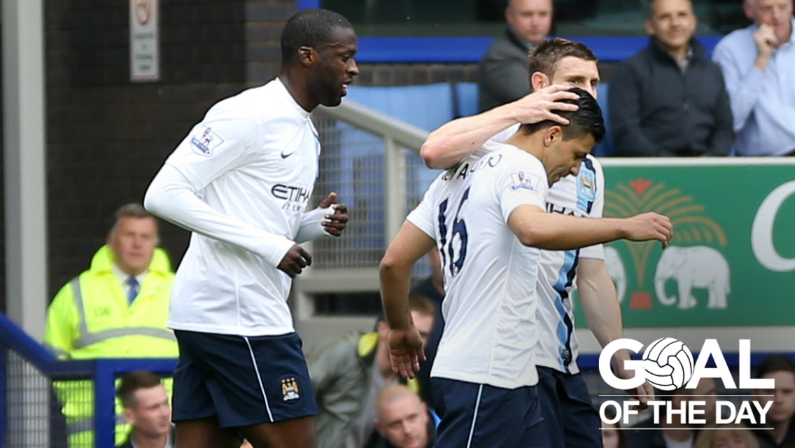 CRUCIAL: Sergio Aguero bags an equaliser as City chase a vital victory at Everton in 2014