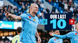 Blurred players from Manchester City celebrating with a graphic overlay indicating 'Our Last 10' and logos of Manchester City and Southampton.