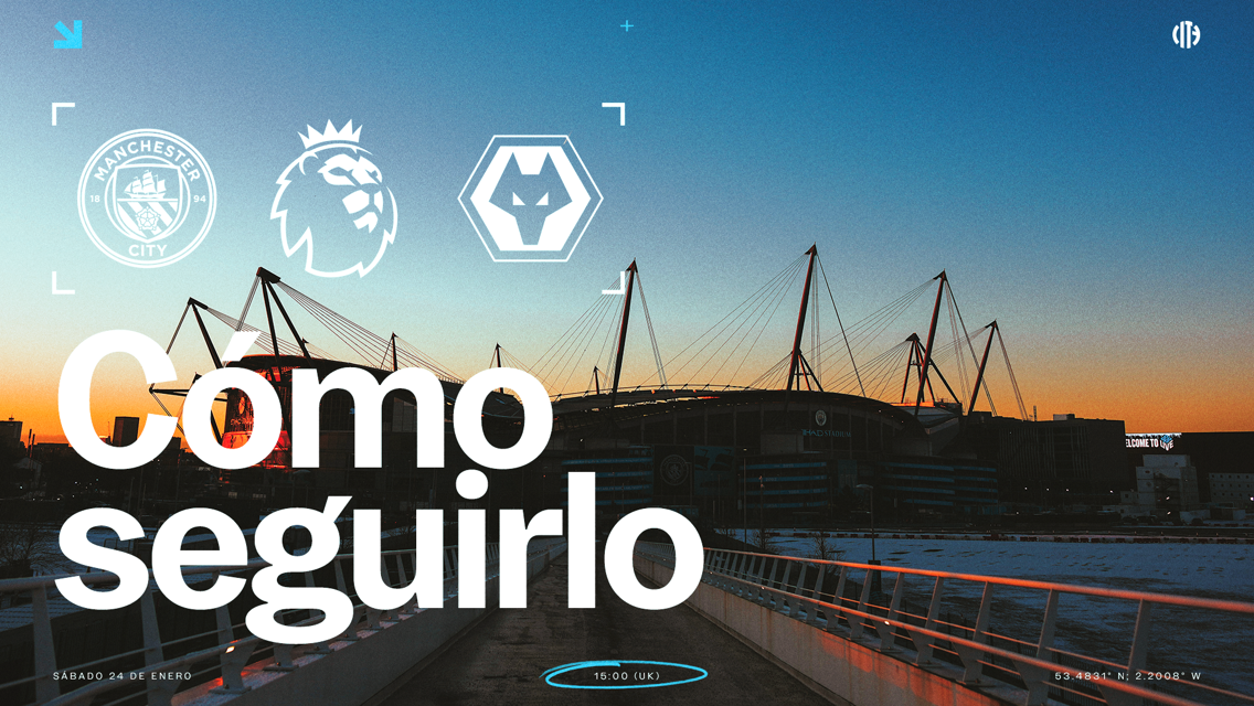 Manchester City vs Wolves match follow guide with stadium backdrop and logos. The date is Saturday, January 24 at 15:00 (UK).
