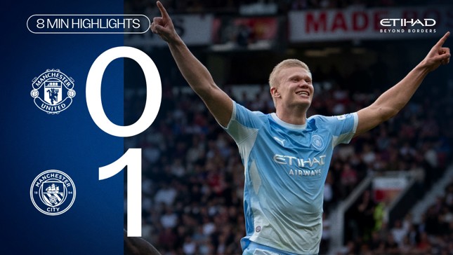 Image highlighting Manchester City vs Manchester United match with a score of 1-0 in favor of Manchester City. Includes team logos and player celebrating.