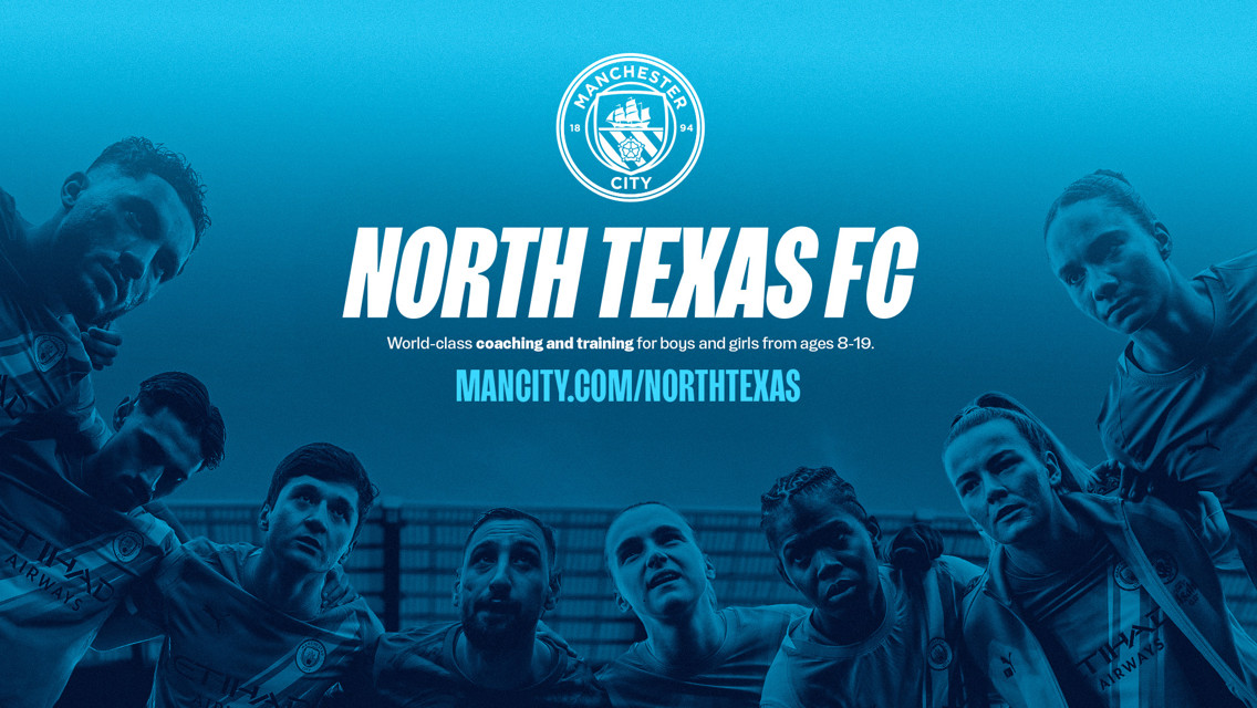Poster for North Texas FC associated with Manchester City, advertising coaching and training for boys and girls ages 8-19.