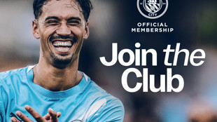 A Manchester City player wearing a blue jersey claps with a Cityzens official membership logo and 'Join the Club' text overlay.