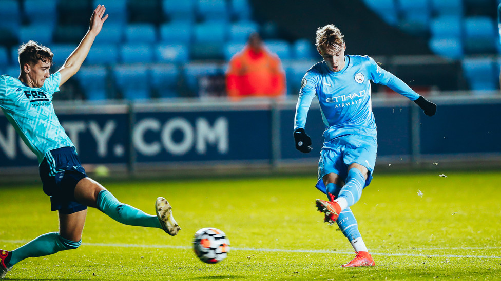 CLINICAL COLE : Cole Palmer completes his hat-trick for our EDS against Leicester after also featuring against Burnley for the first team earlier that day, 16 October 2021.