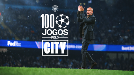 Image featuring a coach, Pep Guardiola, congratulating his team on reaching 100 Champions League matches with Manchester City. The background shows an applauding crowd, and the Manchester City logo with text in Portuguese: '100 JOGOS PELO CITY'.