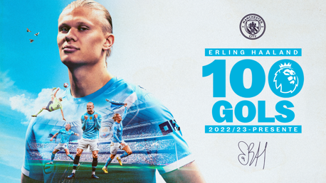 Celebration image marking Erling Haaland's achievement of 100 Premier League goals for Manchester City, featuring club logo and text indicating the accomplishment.