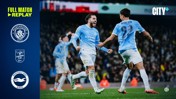 Manchester City players celebrating a goal during a Carabao Cup match against Brighton & Hove Albion. The image features Manchester City logos and the Carabao Cup logo.