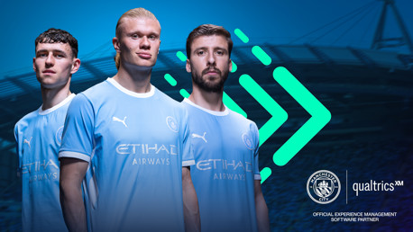 Three Manchester City players wearing the team's kit in front of a stadium background with Manchester City and Qualtrics logos.