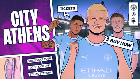 Cartoon promo for Manchester City vs AEK Athens match on Tue 20 Oct 2026, 20:00 at Etihad Stadium. Features players in Manchester City kit, club logos, and 'buy tickets' text.