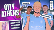 Cartoon promo for Manchester City vs AEK Athens match on Tue 20 Oct 2026, 20:00 at Etihad Stadium. Features players in Manchester City kit, club logos, and 'buy tickets' text.