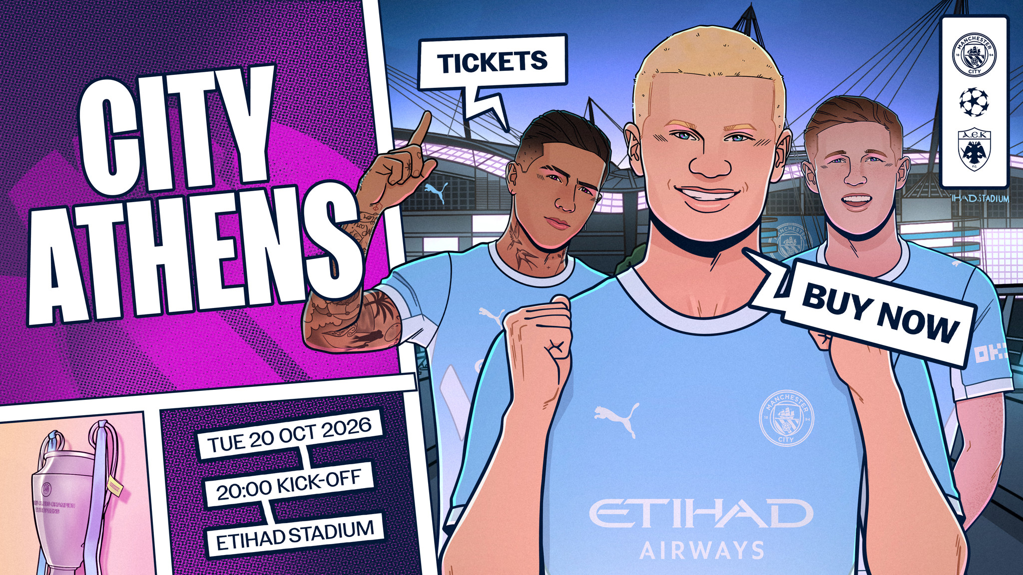 Cartoon promo for Manchester City vs AEK Athens match on Tue 20 Oct 2026, 20:00 at Etihad Stadium. Features players in Manchester City kit, club logos, and 'buy tickets' text.