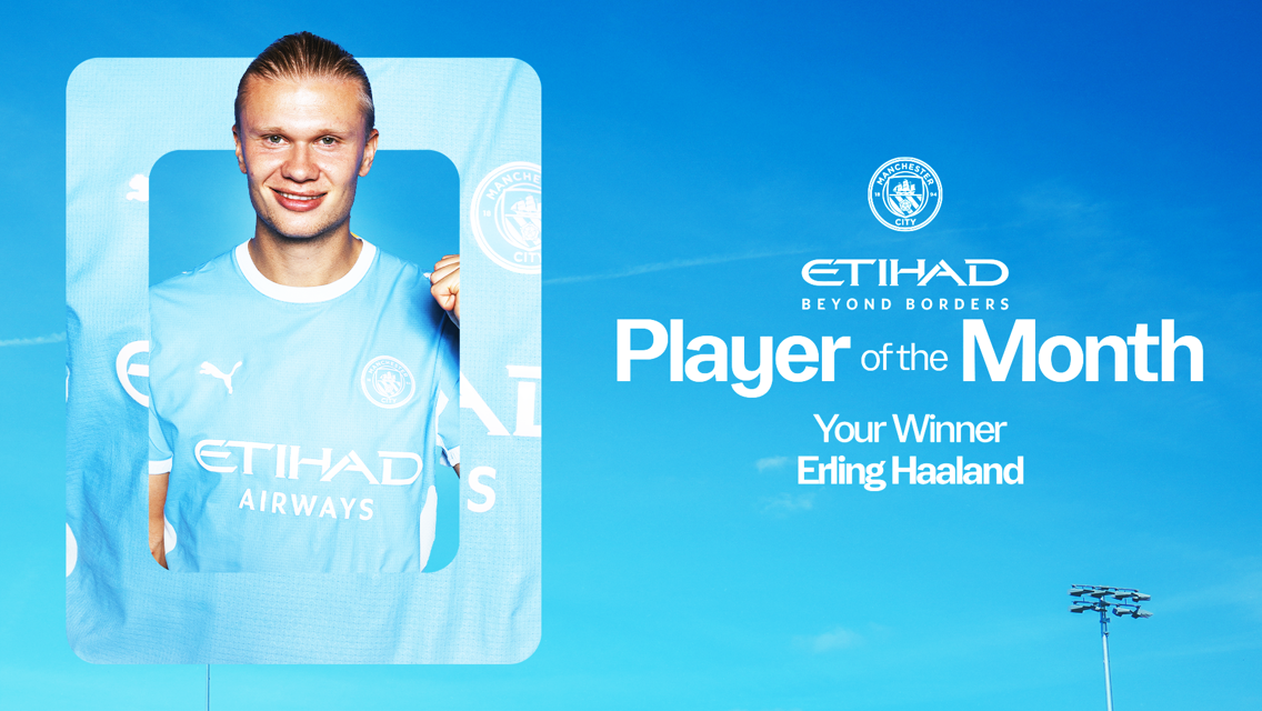 Manchester City Player of the Month announcement featuring Erling Haaland as the winner. The image includes Etihad Airways branding and Manchester City logo.