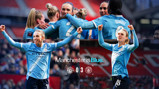 Manchester City Women's team celebrates a 3-0 victory over Manchester United. Players are wearing blue jerseys with visible sponsorships.
